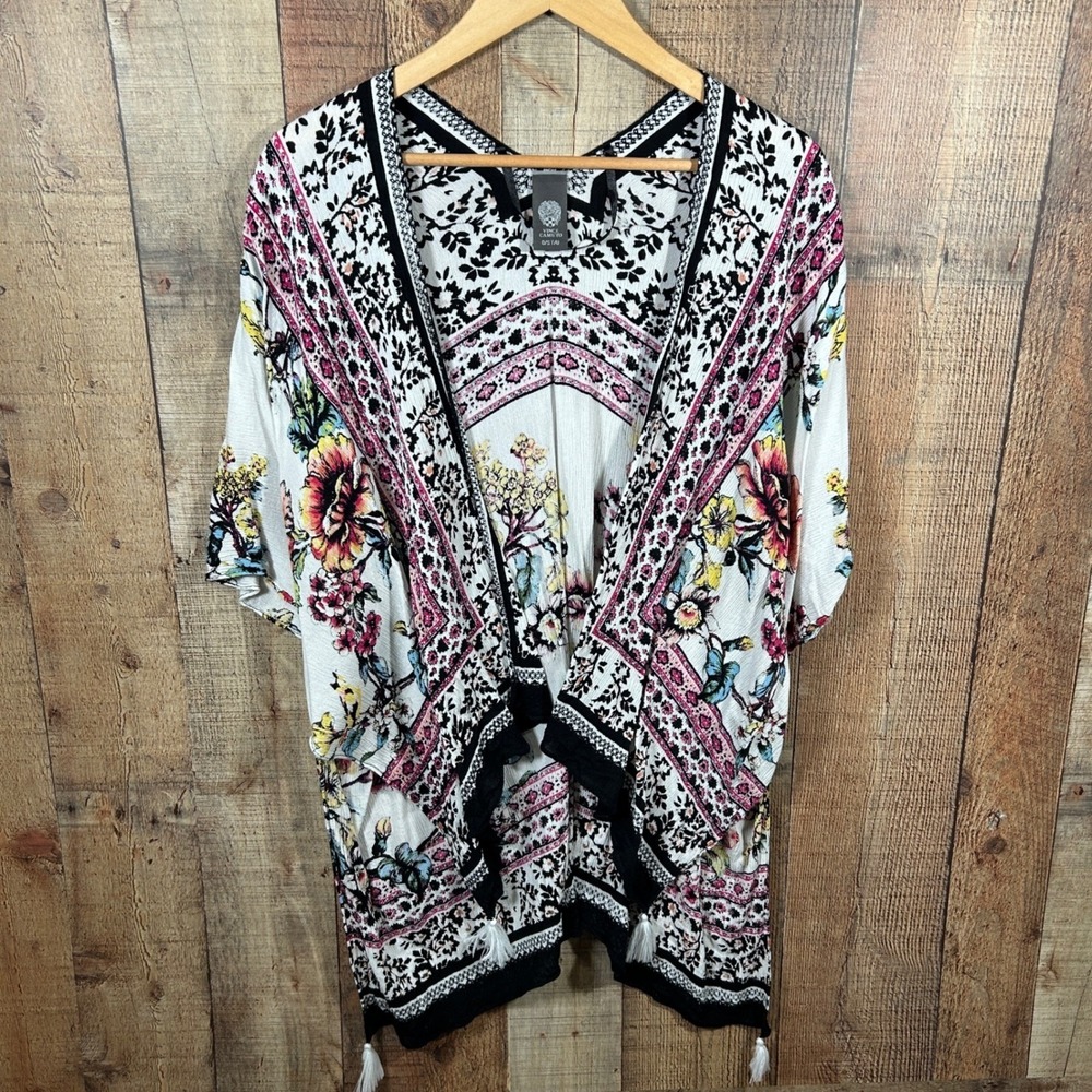Vince Camuto Floral Kimono Cardigan OS Boho Tassel Open Front Black Pink